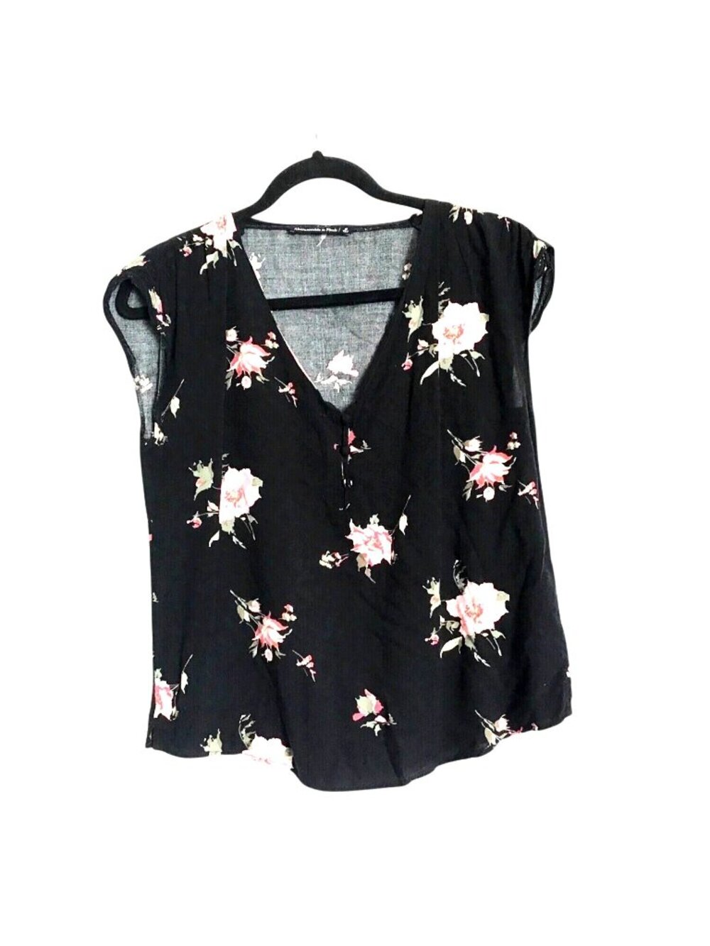 ABERCROMBIE & FITCH WOMENS BLACK FLORAL SHORT SLEEVE LIGHT WEIGHT TOP SIZE SMALL